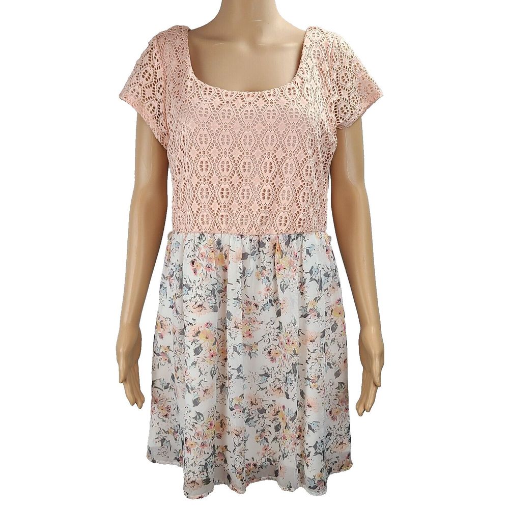 New AS U WISH Women's (XL) Peach Lace & Chiffon Floral Short Sleeve Mini Dress